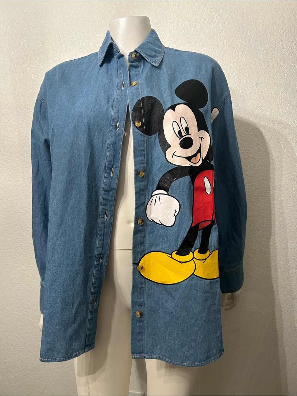 Disney Mickey Mouse Denim Button-Up in Blue with Red and Black Accents